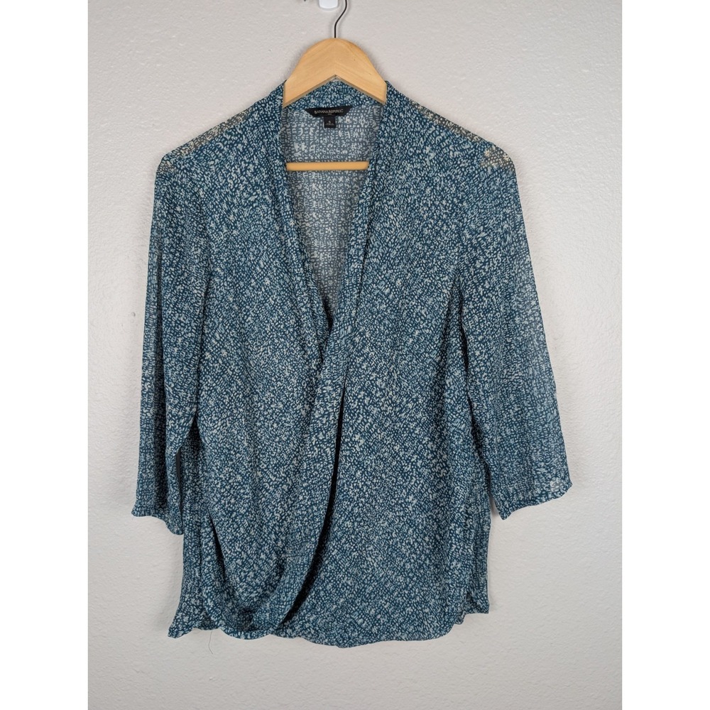 Banana Republic Womens Blue Abstract Print Draped Front 3/4 Sleeve Blouse Size S